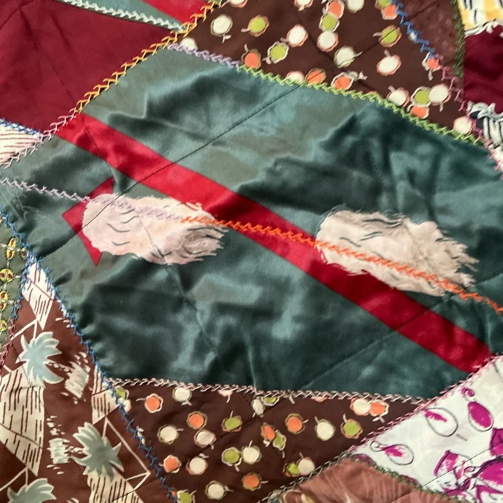 Vintage multicolored silky crazy quilt 51 x 84 beautifully crafted in the USA